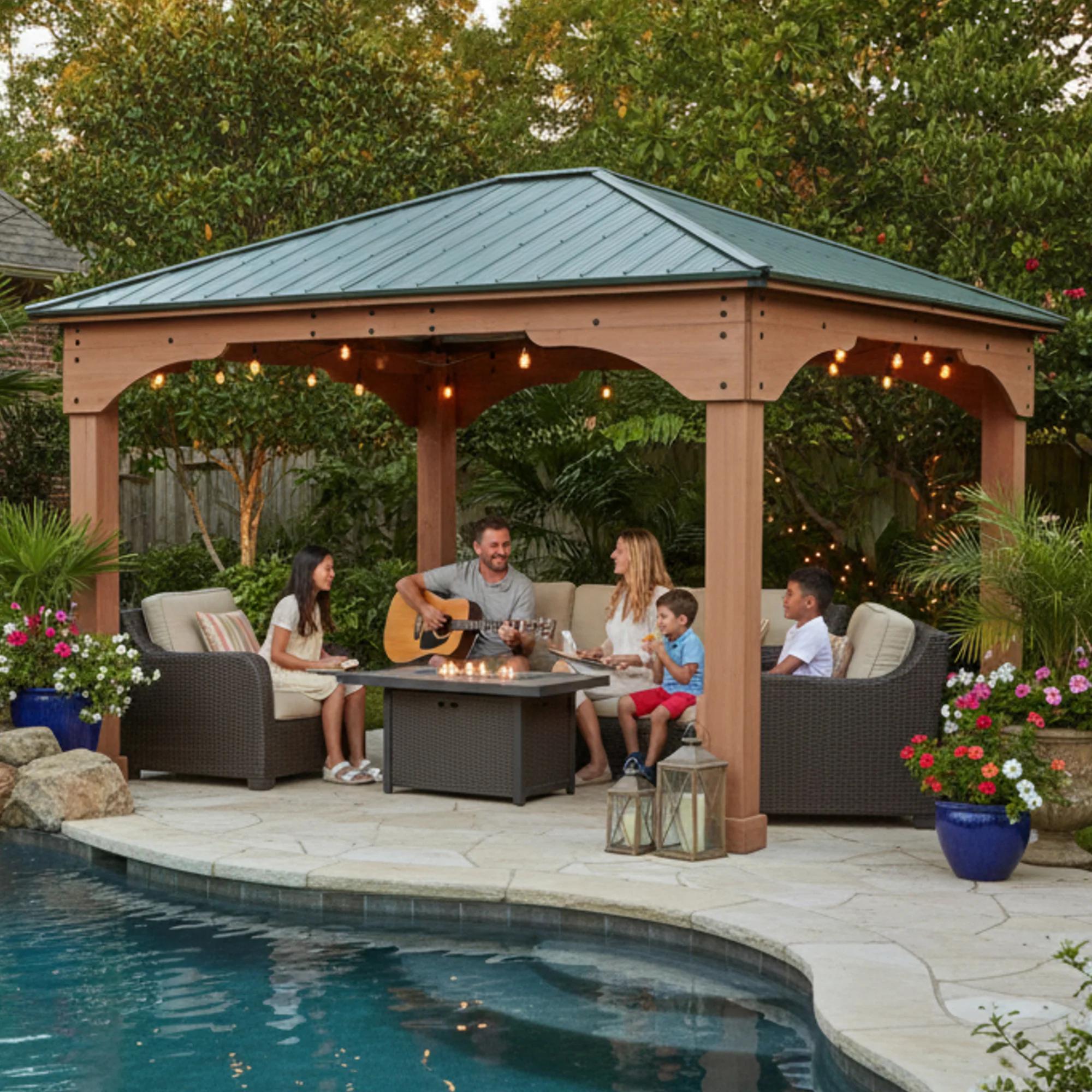 Garden Iron Metal-Roof Sunshade Gazebo: Poolside Leisure Iron Gazebo (Wood-Look Frame + Metal Canopy)