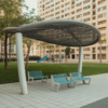 Outdoor iron shade structure: Metal leisure gazebo with seats (community park setting)
